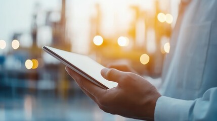Naklejka premium Person holding tablet with blurred background in a modern business environment.
