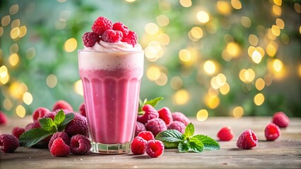 A refreshing raspberry smoothie with a dollop of whipped cream, surrounded by ripe berries and a sprig of mint, all set against a backdrop of warm bokeh lights.