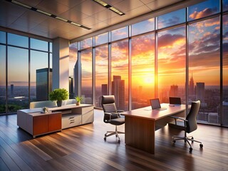 Modern Empty Business Office Interior with Sunset City View - Ideal for Corporate Use