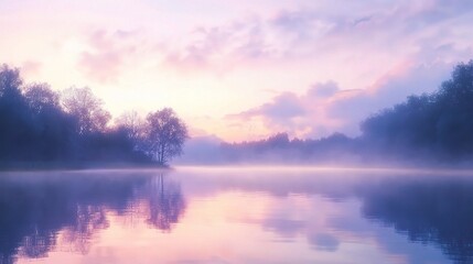 Fototapeta premium Serene Misty Lake at Dawn with Soft Pastel Colors