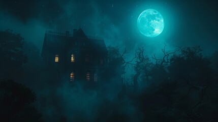 Obraz premium A haunted house with Gothic architecture, silhouetted against a full moon