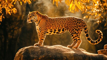 A jaguar stands on a rock in a forest, bathed in golden sunlight. Its spotted coat is illuminated, and its tail curls gracefully.