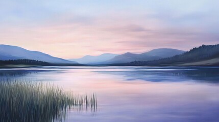 Fototapeta premium Serene Lake at Dusk with Gentle Mountains in Background