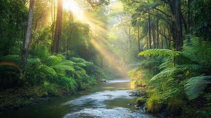 Obraz premium Sunlight Filtering Through Lush Forest Landscape