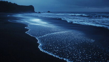 Fototapeta premium A vast ocean with black sand beaches, where the waves shimmer with metallic silver foam under a twilight sky