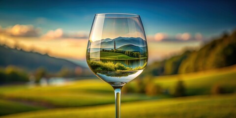 Obraz premium Landscape reflection in a wine glass, landscape, reflection, wine glass, nature, peaceful, serene, beauty, tranquility, abstract