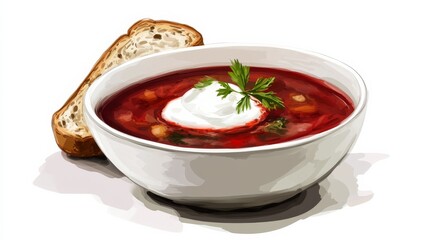 Bowl of borscht with sour cream and bread.
