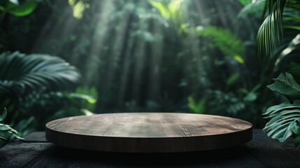 A 3D wooden podium set in a jungle, tropical forest, perfect for product display.