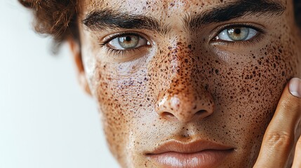 Fototapeta premium A close-up portrait of a young man showcasing his unique freckles and striking green eyes, capturing natural beauty and individuality.