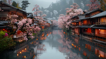 Fototapeta premium Traditional Japanese Houses with Cherry Blossoms and Reflections in a Canal - Photo