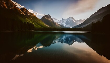 Naklejka premium Scenic alpine lake reflecting snow-capped mountains under a blue sky in New Zealand