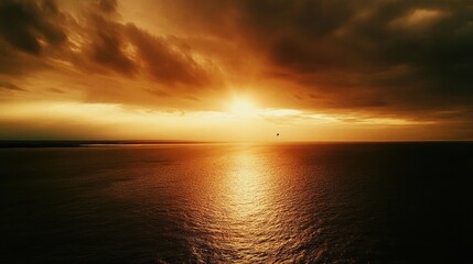 Fototapeta premium A dramatic sunset over a calm ocean, with a single bird silhouetted against the bright sky.