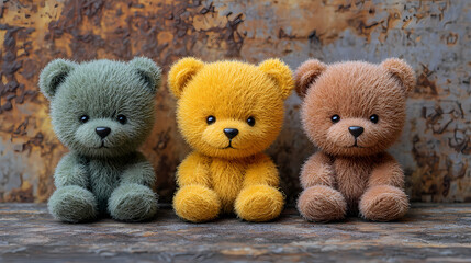 Three teddy bears side by side on wood