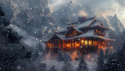 Obraz premium A luxurious chalet surrounded by heavy snowfall with a backdrop of towering snow-covered peaks The warm lights from the windows contrast with the cold creating a cozy and inviting ambiance