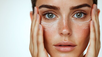 Close-up of a woman applying skincare product to her face, highlighting beauty and skincare routine for healthy skin.