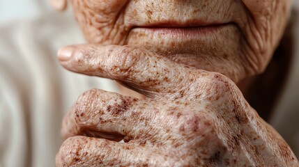 Close-up of an elderly person's hand, showcasing weathered skin and aged features, symbolizing wisdom and life experience.
