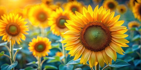 Obraz premium Close-up vibrant sunflowers with a soft, blurry background, yellow, sunflowers, close-up, nature, vibrant, petals, leaves, garden