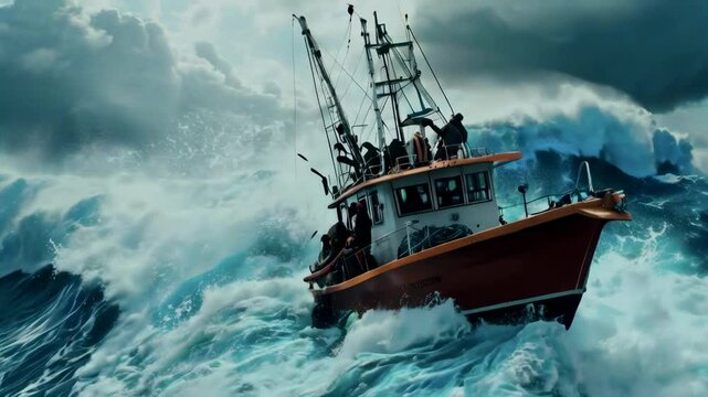 Fishing Boat Battling the Waves, 4K Ultra HD footage Perfect for Professional Projects, tech presentations