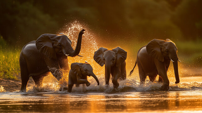 A family of elephants splashing in a shallow river, their trunks playfully spraying water. v2