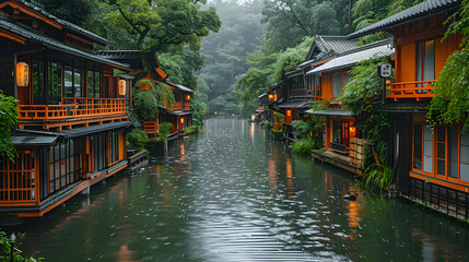 Fototapeta premium Waterfront Japanese Houses with Green Trees Realistic Image