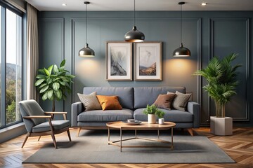 Modern Living Room Mockup with Gray Sofa and Wall Poster for Interior Design Inspiration