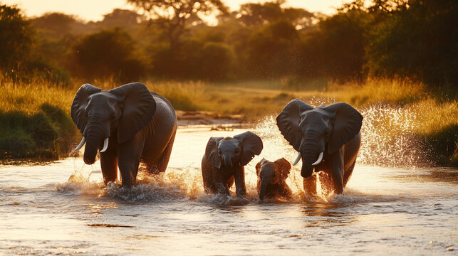 A family of elephants splashing in a shallow river, their trunks playfully spraying water