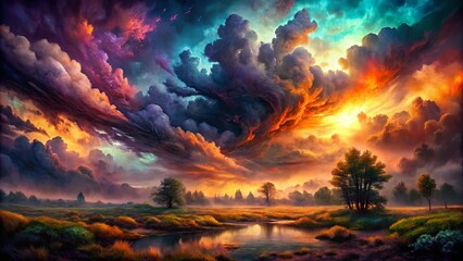 Fototapeta premium A Serene Meadow Beneath A Sky Of Vivid Hues, Where Clouds Embrace The Horizon And Sunlight Bathes The Landscape