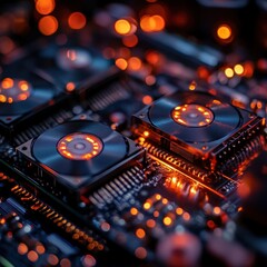 Obraz premium Closeup of a Computer Motherboard with Orange LEDs and Bokeh Lights.