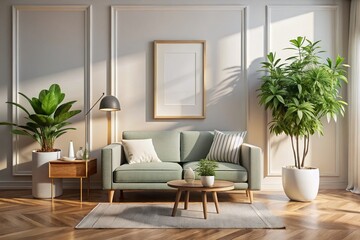 Modern Living Room with Blank Picture Frame Mockup and Leaf Shadows for Interior Design Inspiration