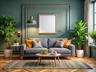 Modern Living Room with Blank Frame Mockup and Gray Sofa, Perfect for Interior Design Projects