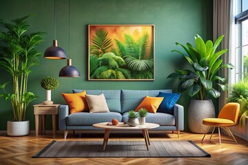 Modern Living Room with Blank Poster Mockup, Couch, and Plants - Realistic Wall Art Photography for Home Decor