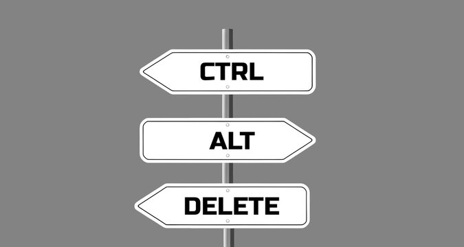 Conceptual image with three road signs pointing in different directions with the words "Ctrl", "Alt" and "Delete" on them. Make your choice: Ctrl, Alt or Delete?