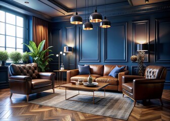 Modern Living Room with Leather Chairs and Dark Blue Wall Aesthetic