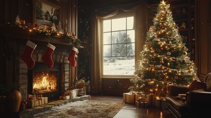 Obraz premium Cozy Christmas Living Room with Fireplace, Decorated Tree and Snowy Window View.