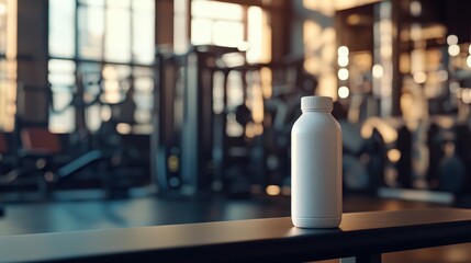 White Plastic Bottle Mockup on Gym Railing with Blurred Background.