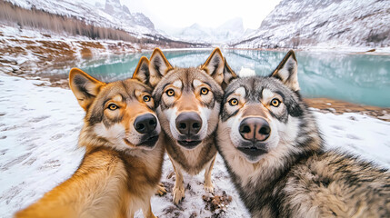 Three Alaskan Malamutes Posing in Front of the Camera in a Funny Scene