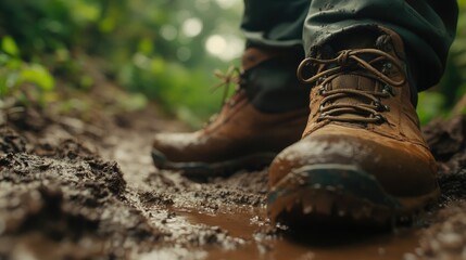 Hiking Boots on a Rainy Forest Trail