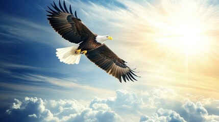 Obraz premium A majestic bald eagle soars through a bright blue sky with fluffy clouds. The sun shines brightly behind the eagle.