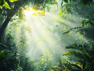 Sunlight Filtering Through Dense Rainforest Canopy - Lush Green Foliage and Misty Atmosphere.