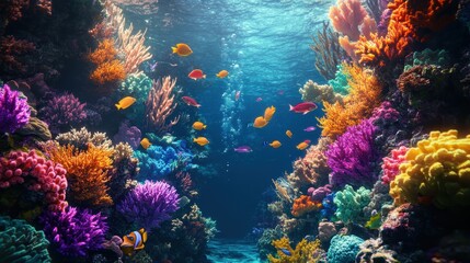 Obraz premium Vibrant Underwater Coral Reef with Colorful Fish and Sunbeams.