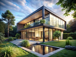 Fototapeta premium Modern Minimalist House Design with Glass and Metal Elements in Lush Greenery