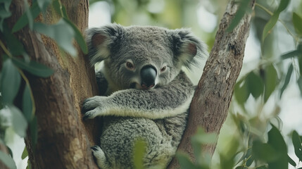 Fototapeta premium A mother koala and her baby nestled comfortably in the branches of a eucalyptus tree. v3