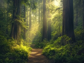 Naklejka premium Sunbeams Through Redwood Forest Path - Mystical Nature Trail Photography