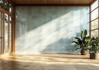 Serene empty room interior with blank wall mockup and natural light from large windows