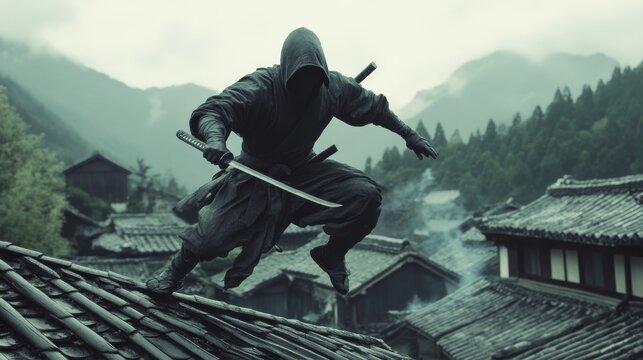 A stealthy ninja dressed in dark attire leaps across traditional rooftops, set against a misty mountainous backdrop.