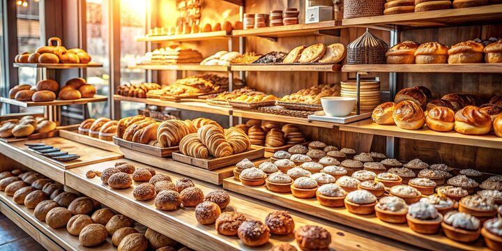 A bakery display overflowing with freshly baked breads, pastries, and sweet treats, all arranged on wooden shelves with warm lighting illuminating the tempting array.