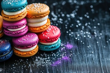 Fototapeta premium Stack of Colorful Macarons on Black Background