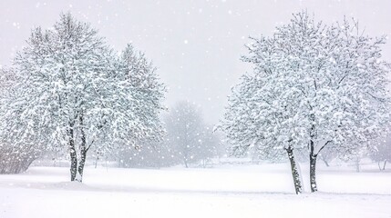 Winter scene with snowy trees and gentle snowfall