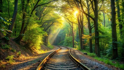 Fototapeta premium A Sunlit Pathway Through a Verdant Forest, Leading Toward a Distant Horizon