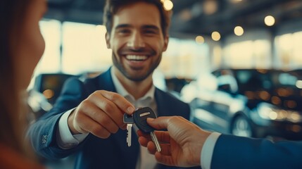 A cheerful man hands over car keys inside a dealership, symbolizing a successful vehicle purchase and customer satisfaction.